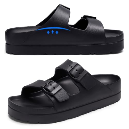 shevalues Womens Platform Sandals with Arch Support Lightweight Cloud Slides with Adjustable Double Buckle Comfortable EVA Recovery Sandals for Summer Beach Black 39