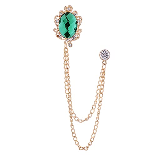 Image of Vintage Gemstone Chain Brooch Pin,Rhinestone Long Chain Tassel Suit Pin Zircon Oval Gem Lapel Pin Jewelry for Women Men
