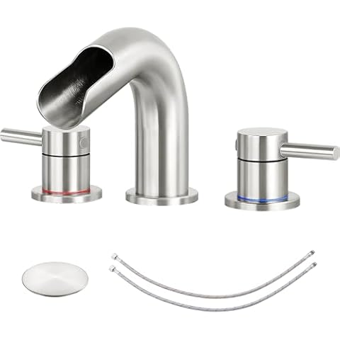 Waterfall Bathroom Faucets 3 Hole, 8 Inch Widespread Bathroom Sink Faucets with Pop Up Drain,Sink Faucert Bathroom with 360°Swivel Spout, Brushed Nickel Cover