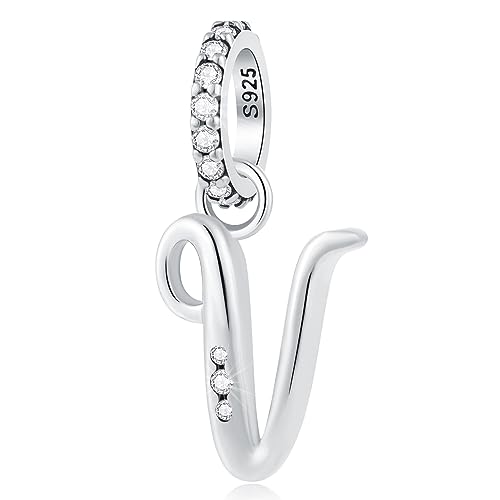 Alphabet CZ Letter V Pendant Charm, 925 Sterling Silver Initial V Dangle Beads fit Pandora Valentines Day Bracelet, Gift for Couple/Wife Husband