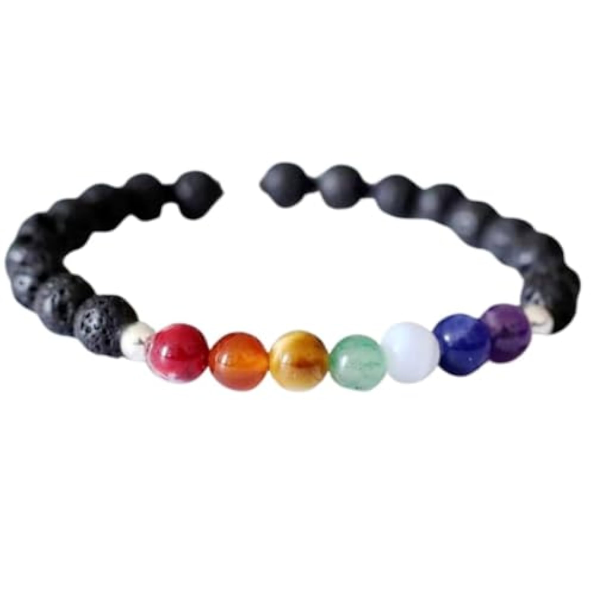 Natural 7 Chakra & Black Lava Gemstone Stretch Bracelet, Unisex Healing