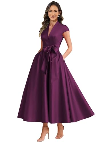 Tea Length Satin Mother of The Bride Dresses for Wedding V Neck A Line Formal Evening Gown with Pockets Bow