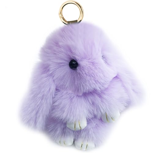 Image of Xsclpomddy Bunny Keychain Cute Rex Rabbit Faux Fur Pompom Keychain Car Handbag Lovely Keyring Charm Ring,light purple,5.5in
