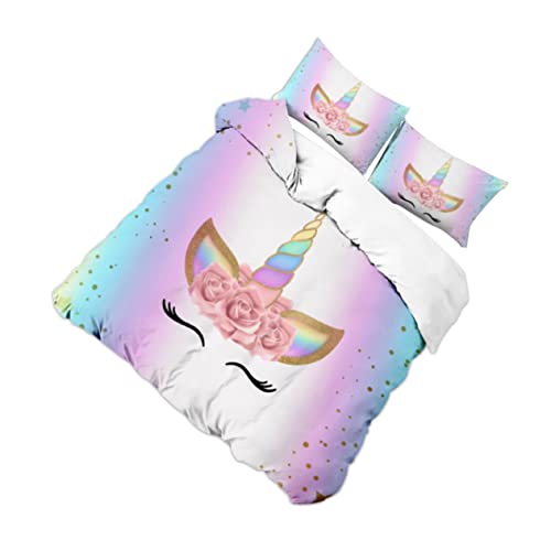 Housse de couette licorne avec 2 taies parure de lit polyester résistant et doux - 2