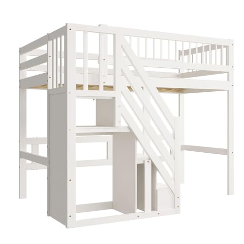 Etagenbett 90x200, Kinderbett Hochbett mit Treppe und Aufbewahrungsschrank, Funktionsbett Einzelbett Stockbett Spielbett Kinderhochbett Jugendhochbett mit Lattenrost, Massivholz, Ohne Matratze, Weiß