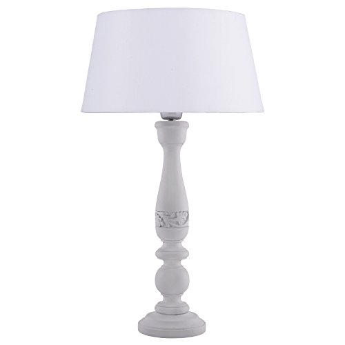 Image of Homesake Handcrafted Wooden Table Lamp for Bedroom & Living Room | Decorative Bedside Reading Lamp with Fabric Shade, E27 Holder | Bulb Included | White Floral Carved Base for Home Decor, White Drum