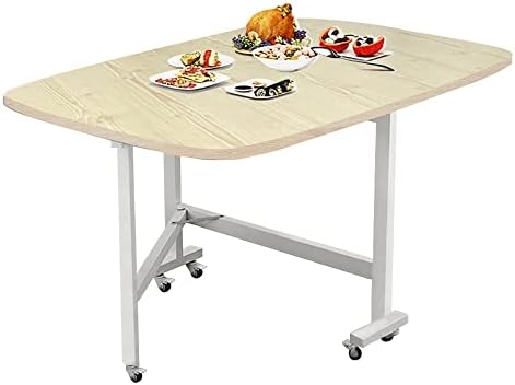 Rukulin Drop Leaf Dining Table – Solid Wooden Foldable Kitchen Table with 6 Wheels for Dining Room (Natural & White)