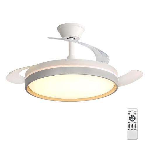 Ventilador de Techo con Luz LED 60W, con Mando a Distancia, Ø42in, temporizador, 6 velocidades, aspas retráctiles, 3 temperaturas de luz, función verano invierno, 5600LM，Blanco minimalista moderno