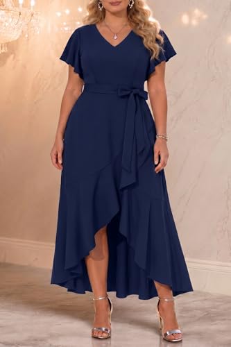Image of Women Plus Size Wedding Guest Dress - Formal Cocktail Split Ruffle V Neck High Low Party Long Maxi Dresses
