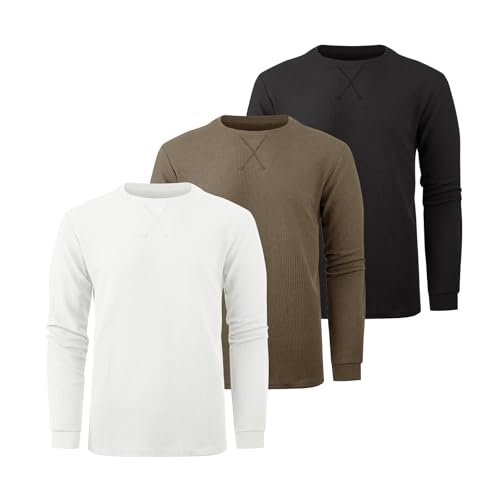Image of 3 Pack Mens Waffle Shirts Long Sleeve Casual T-Shirt | Lightweight, Regular Fit, Waffle Knit, Crew Neck, Stylish Design, Pullover Top, Work, Daily