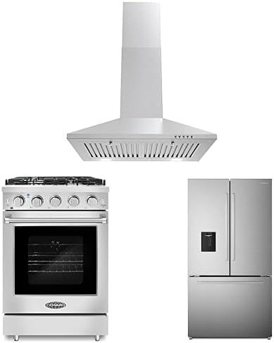 Cosmo 3-Piece, 24" Gas Range 24" Wall mount range hoods & French Door Refrigerator