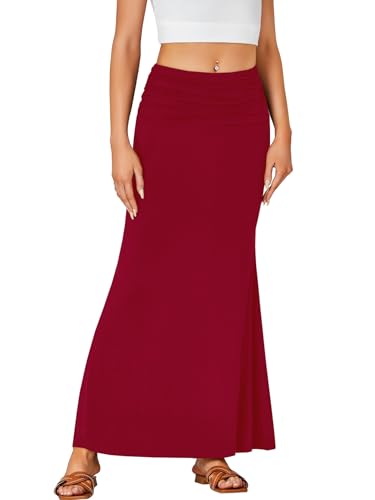 Women's Fold Over Waist Maxi Skirt Lightweight Floor Length Flared Long Skirts4