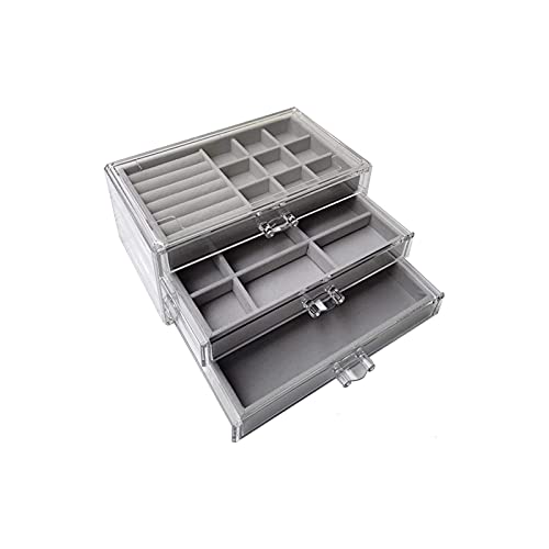 Jewelry Box, Acrylic Jewelry Organizer, Velvet Transparent Acrylic Jewelry Box with 3 Drawers Jewelry Case, Earring Rings Necklaces Bracelets Display Case Gift for Women, Girls.(Grey)