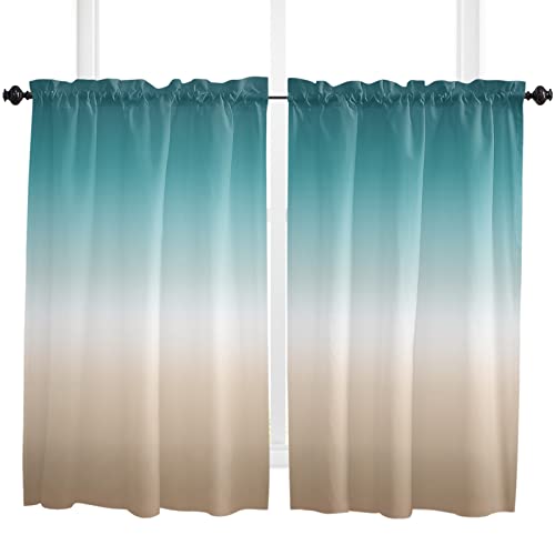 Window Curtains 45 Inch Length For Living Room, Teal Beige Ombre Cream Rod Pocket Kitchen Curtain, Modern Turquoise Abstract Art Aesthetics Window Curtain Panels Drapes 42" W X 45" L 2 Panels #TOP11