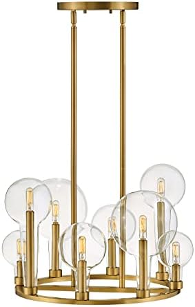 Hinkley Alchemy Eight Light Medium Indoor Chandelier, Different Sized Tapered Globes, Single Tier, Extended Candle Sleeve, T6 or T8 Bulbs Only, Lacquered Brass Finish w/Clear Glass