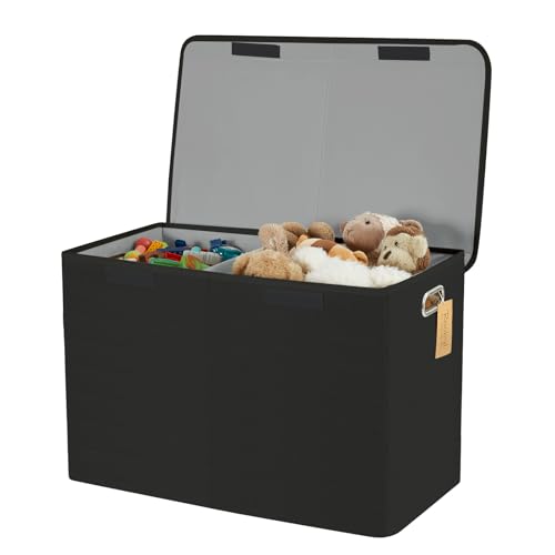 Image of Large Toy Storage Box with Lid, Collapsible Toys Storage Organizer Bins with Dividers and Handles, Storage Chest Bin for Kids, Boys, Girls, Nursery 25 inchx13 inch x16 inch (Black)