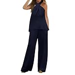 Elegant 2 Piece Outfits Women's Trouser Suits Elegant Wedding Guest Sleeveless Flowy Tops Elastic Waisted Wide Leg Trousers Formal Outfit Plus Size Prom Evening Two Piece Trouser Sets Pants (Navy, L)