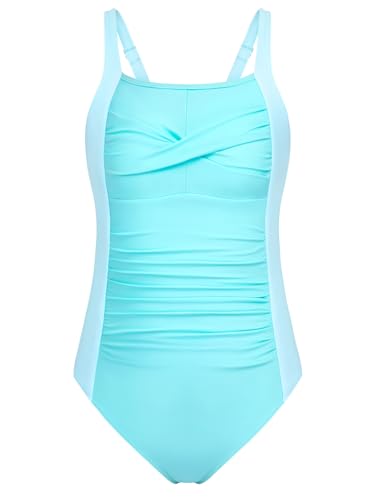 Image of DAXIANG Girls One Piece Swimsuit Modest Ruched Color Block Bathing Suit Tween Adjustable Straps Padded Swimwear Size 7-16