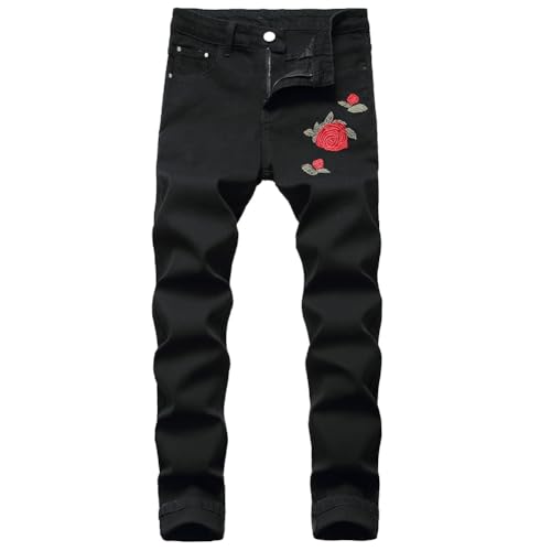 XYGJZ Men's Regular Slim Fit Jeans Strenchy Straight Leg Jean Rose Embroidered Pants
