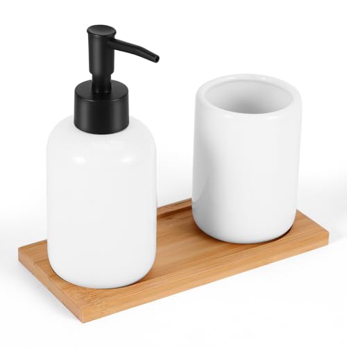 Juego de accesorios de baño, dispensador de jabón y bandeja de bambú, juego de baño de cerámica contemporáneo, reutilizable, para baño, lavabo, bañera (blanco-redondo)