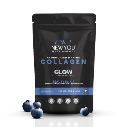 Image of NewYou Collagen Glow Marine Collagen Powder for Skin, Hair & Nail Support | With Glutathione, Biotin, Hyaluronic Acid & Vitamins B Complex, C & E | Supports Skin Hydration & Hair Health | Blueberry Flavour | 500g