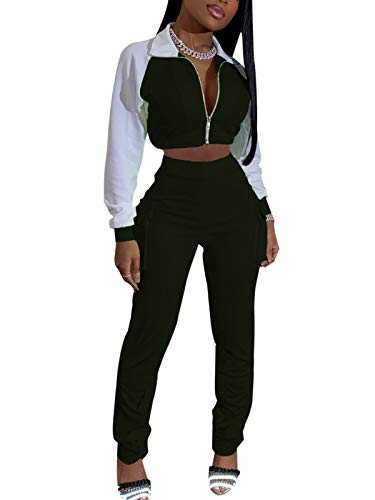 Bornpom Women's 2 Piece Tracksuit Casual Long Sleeve Full Zip Sweatshirt Coat Pockets Sweatpants Sport Jogger Set Black M