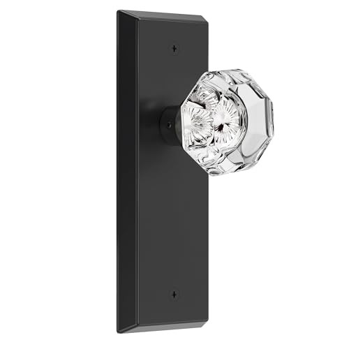 Image of Glass Door Knobs for Interior Doors - Vintage Crystal Passage Closet & Hallway Door Knob - Diamond Cut Door Handle - Matte Black Finish (1 Pack 7 Inch Height)