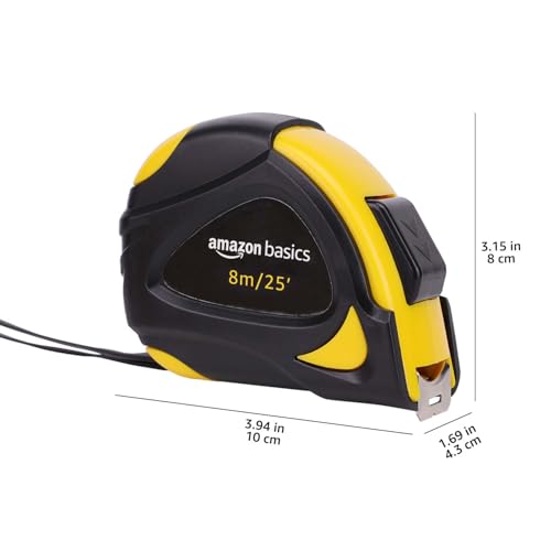 Image of Amazon Basics Self-Locking Tape Measure, 25ft (8-Meters), Accurate Dual Scale inch /Metric, MID Accuracy, Extendable, Yellow, 2 Count (Pack of 12)