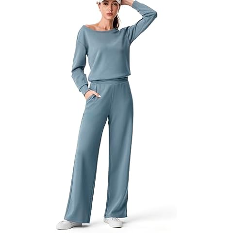 AFITNE 2 Piece Outfits for Women Long Sleeve Off-Shoulder Pullover Tops Wide Leg Sweatpants Pull On Pants Sets Stretchy Trendy Tracksuits with Pockets Fashion Mathching Sweatsuits GreyBlue M 31" Cover