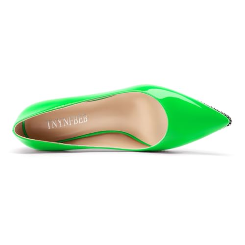 Image of TNYNFBEB Womens Mid Kitten Heel Pointed Toe Pumps Slip-on Silver Beaded Prom Party Dress Patent Leather 2.6 Inches Heels