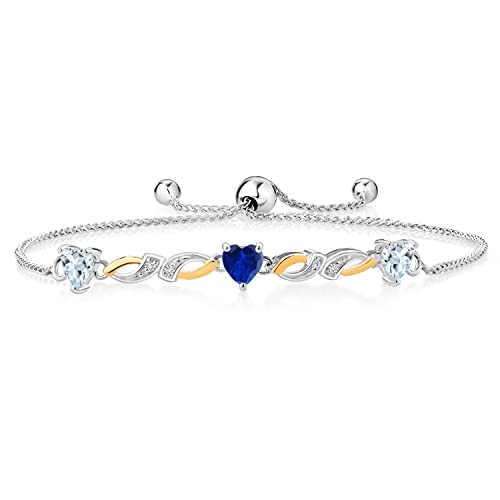 925 Sterling Silver And 10K Yellow Gold Sky Blue Aquamarine Blue Created Sapphire And White G-H Lab Grown Diamond Tennis Bracelet For Women (1.36 Cttw, Heart Shape 5Mm, Fully Adjustable Up To 9 Inch) #TOP18