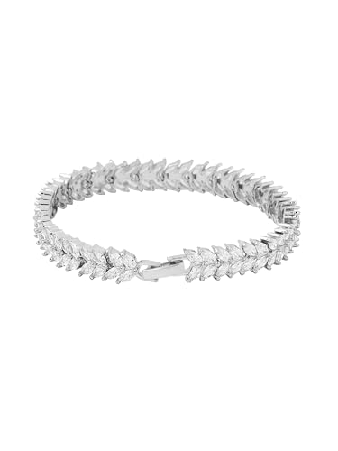 Image of Yellow Chimes Women's Fashion Leaf Shaped Silver Tone White Swiss Zircon Crystal Bracelets Valentine Gift for Girls