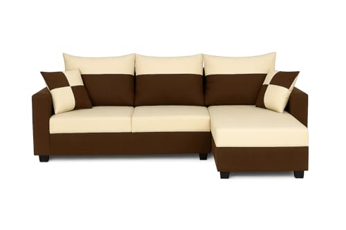 Image of FURNY Arissa 4 Seater Fabric RHS L Shape Sofa Set with Exta Cushions (Cream-Dark Brown) Premium Velvet Finish| Durable Comfort Ideal for Living Room