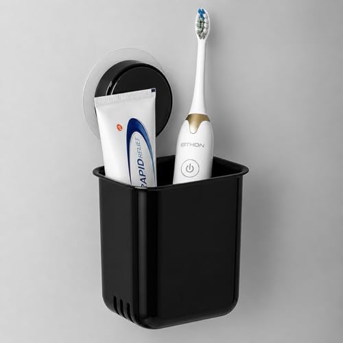 Image of SHALVI Plastic Toothbrush Holders for Bathroom | Wall Mounted Toothbrush Holder | Toothbrush Holders for Toothbrushes | Bathroom Shelf for Wall (Black Plastic thoothbrush Holder)