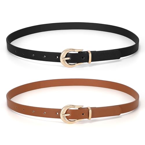 Image of SUOSDEY 2 Pack Women Skinny Belt Thin Waist Belt with Fashion Gold Buckle for Pants Jeans Dresses, 01-black+brown, fits waist from 30 inch-33 inch