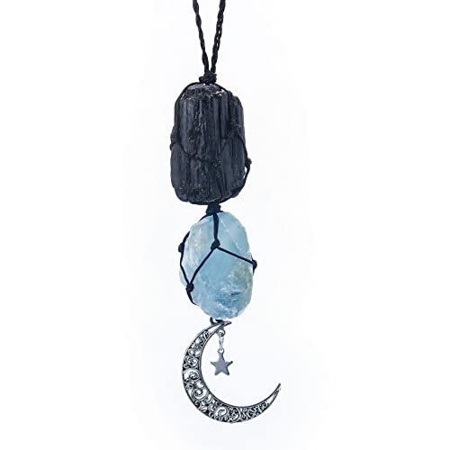 Image of Runyangshi Healing Crystal Car Rear View Mirror Hanging Accessories Natural Black Tourmaline Celestite Rough Stone Handmade Hanging Ornaments Home Deco Gift Balance Reiki Energy