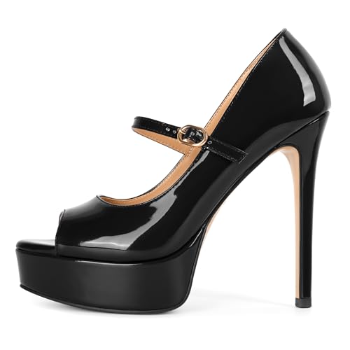 Image of SAMMITOP Women's Peep Toe High Heels Platform Stiletto Pumps Patent Mary Jane Heels 5.5 inch Party Wedding Dress Shoes