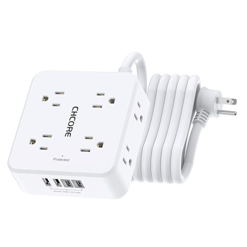 Image of 10Ft Surge Protector Power Strip - CHCORE Flat Plug Extension Cord with 8 Outlets and 4 USB Ports(2 USB C), 3 Side Wall Mount Outlet Extender for Home Dorm Room Essentials, ETL Listed, White