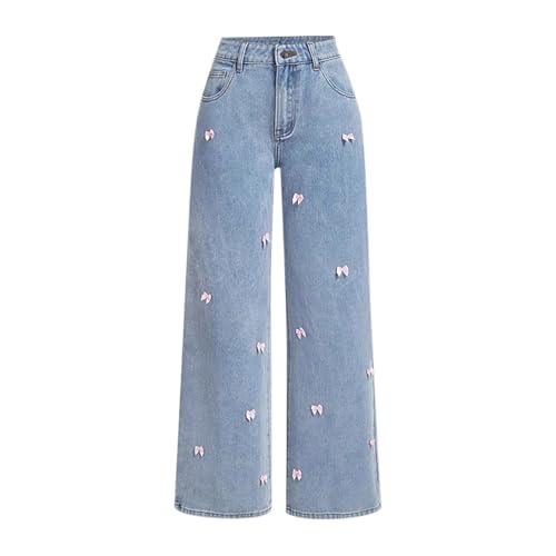 Oplxuo Straight Leg Jeans for Women Teen Girls Cute 3D Bows Denim Pants Y2K High Waisted Baggy Jeans Pockets Preppy Clothes