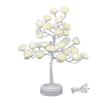 ITICdecor Table Lamp Rose Flower Desk Tree Lamp Gift for Girls Women Teens Home Decor for Wedding Christmas Living Room Bedroom Party with 30 LED Lights?USB/Battery Powered?White Rose?