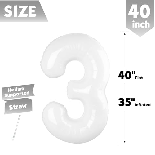 Image of 40 Inch White Number 3 Balloon Birthday Party Decorations for Men & Women | 40 Inch White inflatable foil number balloons, large birthday decorations for 3rd birthday