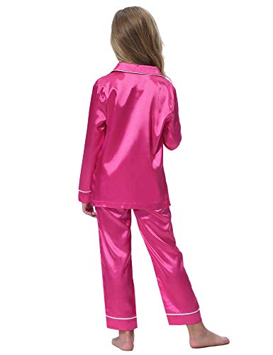 Hawiton Kids Satin Pajamas Set Toddler Girl PJS Long Sleeve Button Satin Loungewear Sleepwear Set with Pocket Rose Red