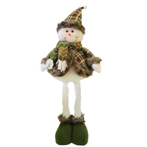 Master Christmas - Boneco de Neve Decorativo Natal Pernas Retráteis Extensoras 55cm a 75cm Pelúcia Branco Roupa Verde Xadrez