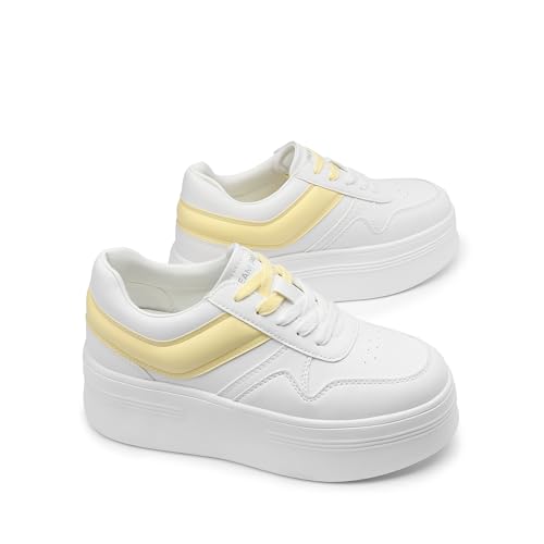 Image of DREAM PAIRS Women's Platform Fashion Lace Up Sneaker,White /Yellow,9.5 | Comfortable High Heel Fashion Walking Lightweight Stylish Classic Casual Sneaker