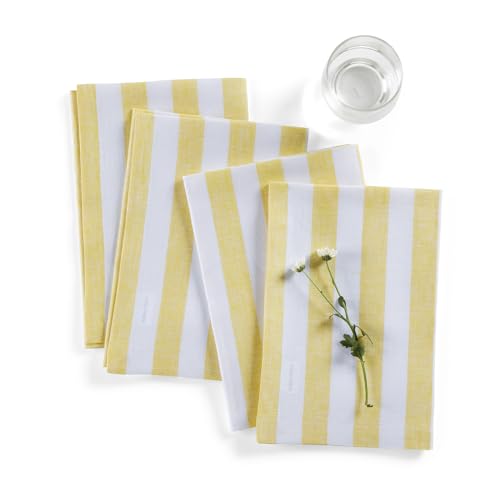 Solino Home Linen Napkins Set of 4-100% Pure Linen Sorrento Stripe Yellow and White Cloth Dinner Napkins 20 x 20 Inch for Summer - Handcrafted and Machine Washable
