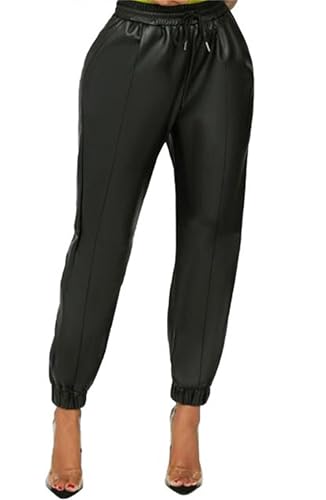 Women's Faux Leather Jogger Pant Casual Elastic Mid Waist Drawstring Joggers Wide Leg PU Leather Trousers