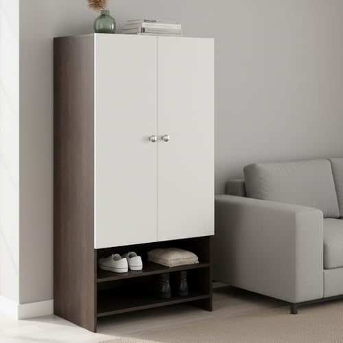 Image of FURNEASER YSH Engineered Wood Wardrobe Almirah for Clothes with 2 Doors & Open Shoe Rack | Wooden Closet Cabinet Organizer for Bedroom Living Room | Storage Cupboard (Wenge & White)