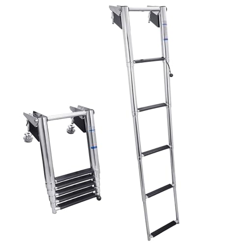 White Water 4-Step Over Platform Telescoping Removable Bow Ladder for Boats – 304 Stainless Steel Marine Boarding Ladder w/Molded Steps, Folding Design, Mounting Hardware w/Bungee Strap B00351RBW