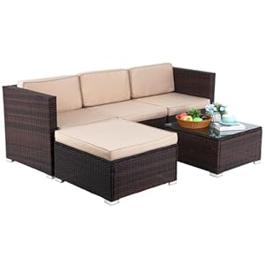 Ruesleag 5 Piece Outdoor Patio Furniture Set Rattan Sectional Sofa Set Conversation Set with Cushions and Ottoman Chair Armless Chair Glass Table for Balcony Garden Lawn Porch Poolside (Khaki)