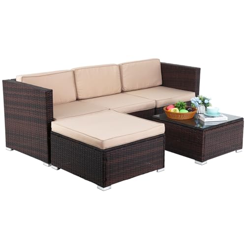 Ruesleag 5 Piece Outdoor Patio Furniture Set Rattan Sectional Sofa Set Conversation Set with Cushions and Ottoman Chair Armless Chair Glass Table for Balcony Garden Lawn Porch Poolside (Khaki)